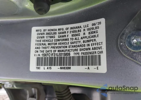 2020 Honda Civic Ex z USA, uszkodzony, nr VIN 19XFC1F31LE015806
